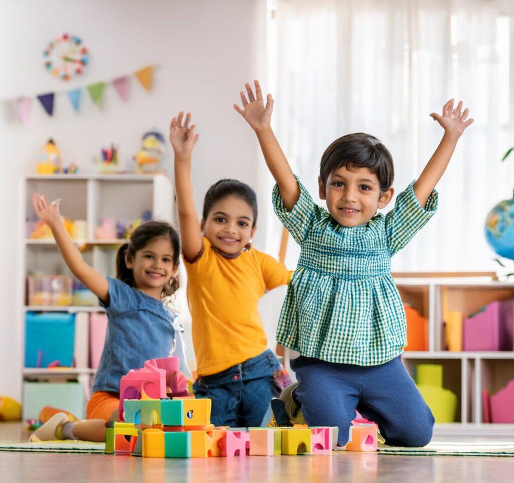Happy preschoolers playing in group