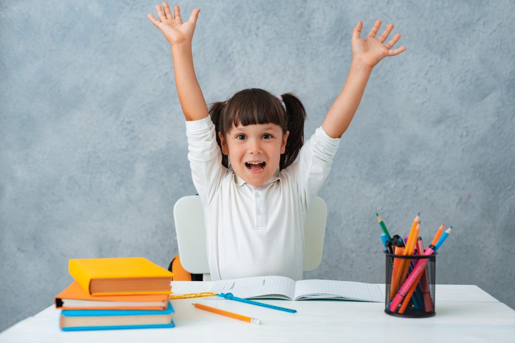 back school cute child schoolgirl sitting desk room 1